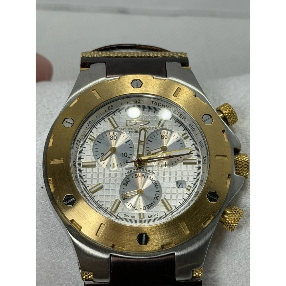 Daniel Steiger Men's Watch Round Silver & Gold/wt Date Chrono Dial Leather Band!